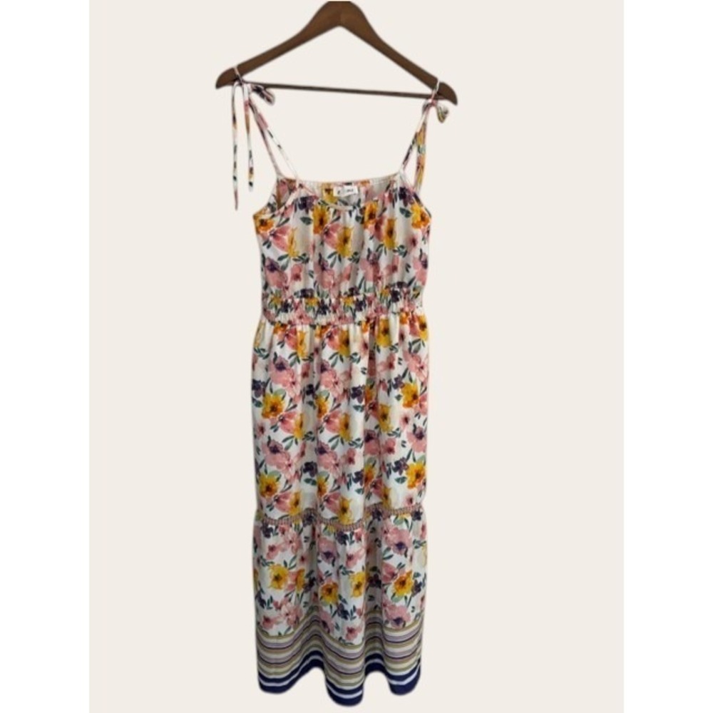 &merci Floral Tie Shoulder Smocked Waist Midi Dress Flowy with Striped Hem Large